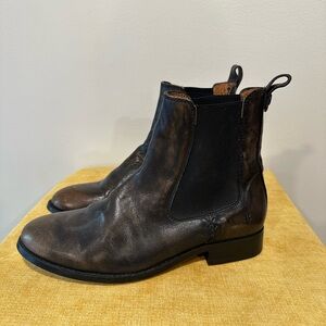 Frye Distressed Leather Melissa Chelsea Ankle Boots in Brown and Black org $298